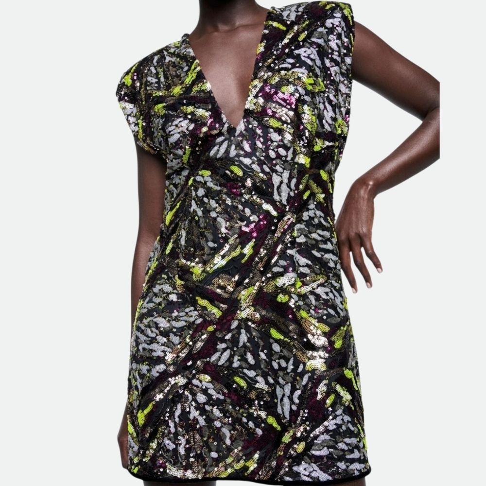 Zara V-Neck Sequin Mini Dress - Black, Purple, Yellow